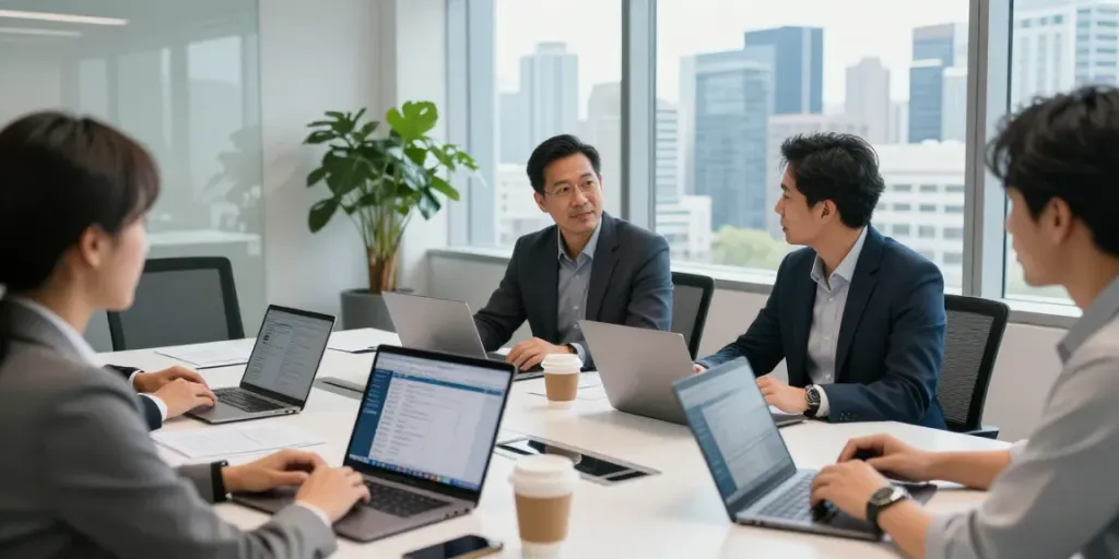 Michael Rustom Toronto collaborating with clients in a modern office, showcasing technology solutions.