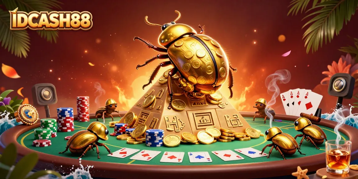 Spin to win with IDCASH88's vibrant casino scene with beetles, gold coins, and poker elements.
