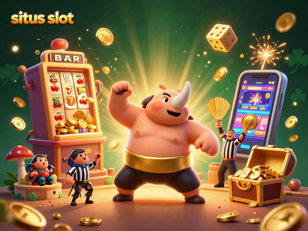 Engage in situs slot excitement with a dynamic scene of a beetle sumo champion amid jackpot wins.