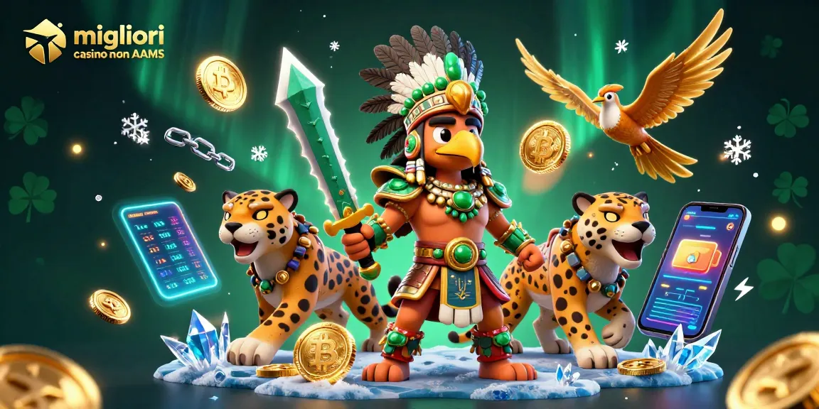 Migliori casino non AAMS: guerrieri aztechi circondati da monete crypto luminose ed elementi colorati in un'illustrazione dinamica.