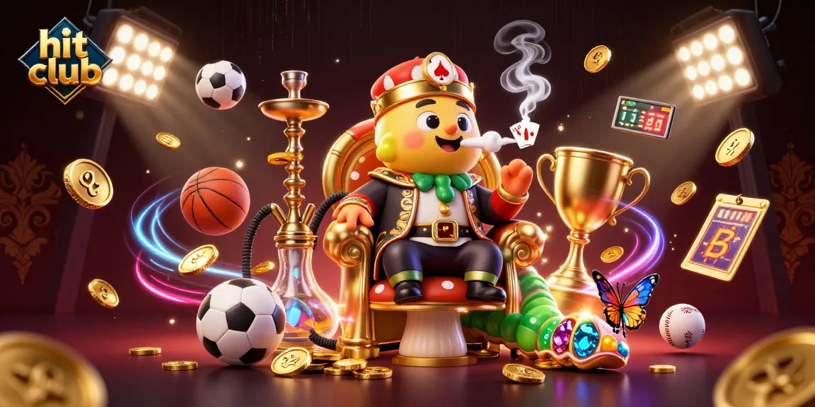 Capture the excitement of hit club gaming with a vibrant illustration of a fantasy casino scene filled with sports balls, shimmering trophies, and a whimsical sultan caterpillar.