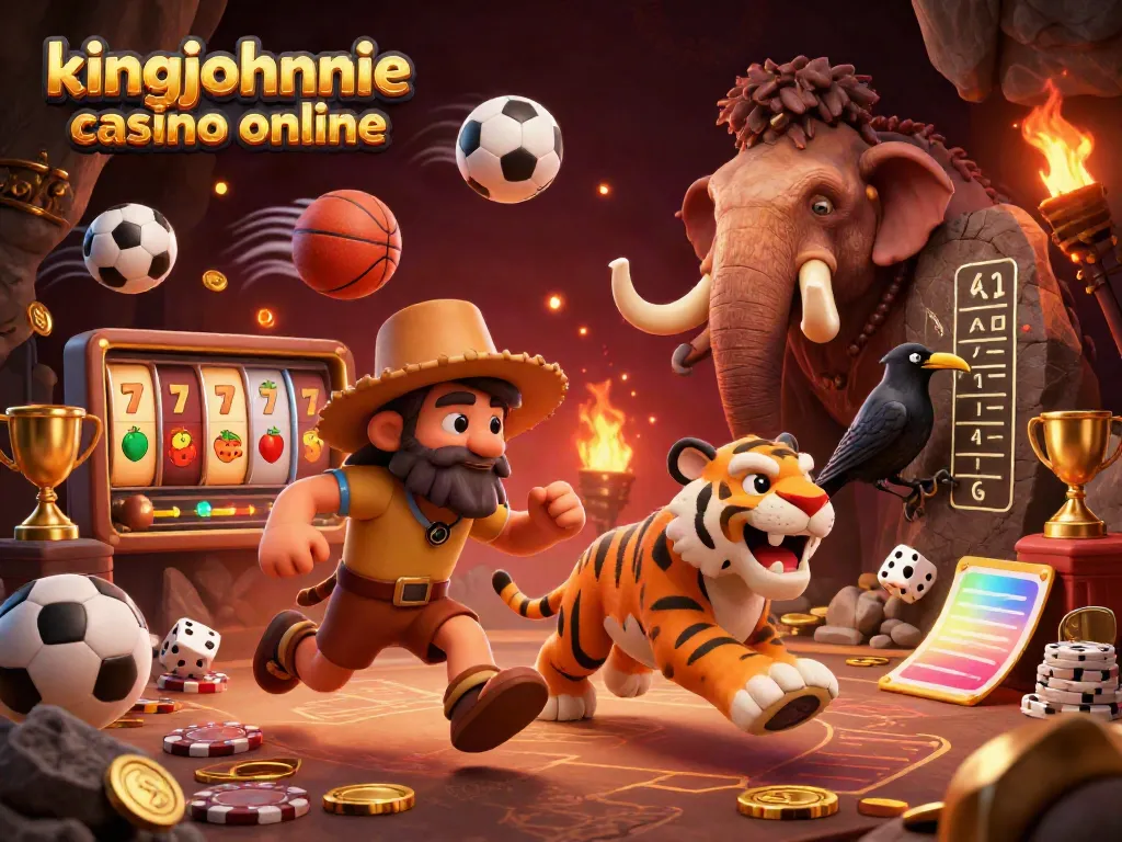 Experience the thrill of kingjohnnie casino online with our dynamic prehistoric casino scene featuring a caveman duo.