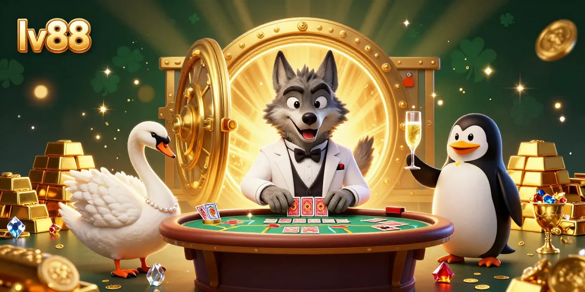 Experience thrilling gameplay at lv88 with a debonair wolf, elegant swan, and sophisticated penguin in a rich casino scene.