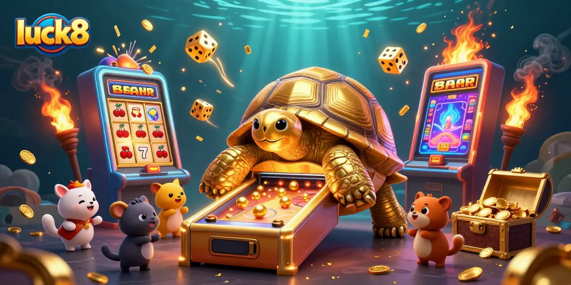Experience thrilling gaming at luck8 with a vibrant casino scene featuring a golden tortoise and slot machine.