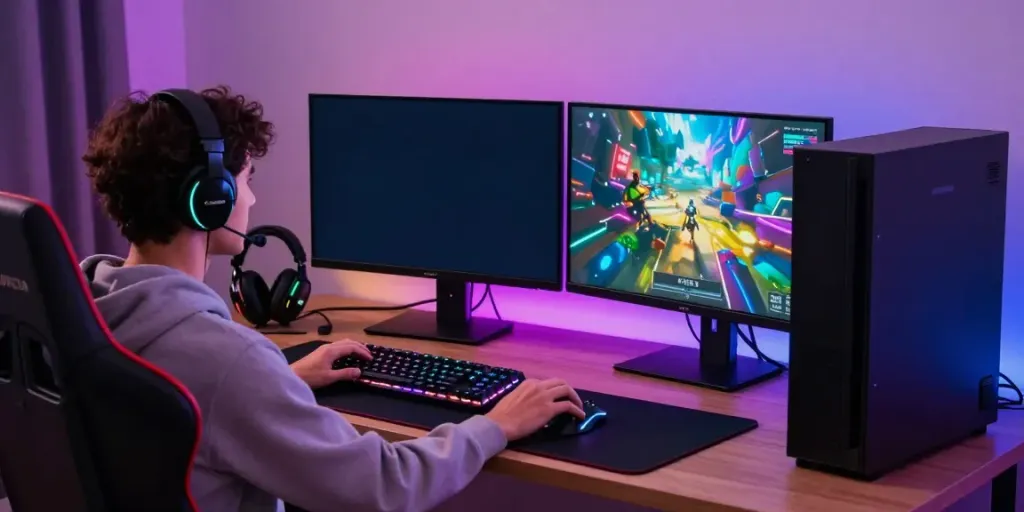 singatoto login in a vibrant gaming workspace with dual monitors and RGB lighting