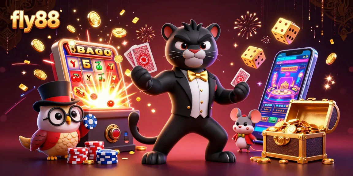 Experience the excitement of fly88 with vibrant characters and dynamic casino elements in a thrilling 3D scene.