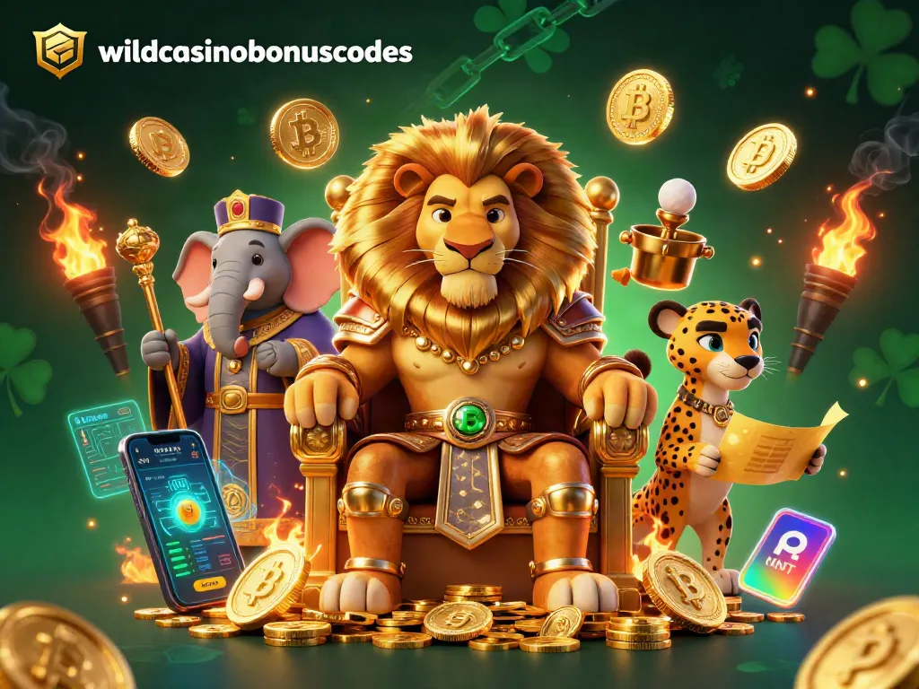 Experience wildcasinobonuscodes with a lion king heroically ruling over a treasure-filled casino.