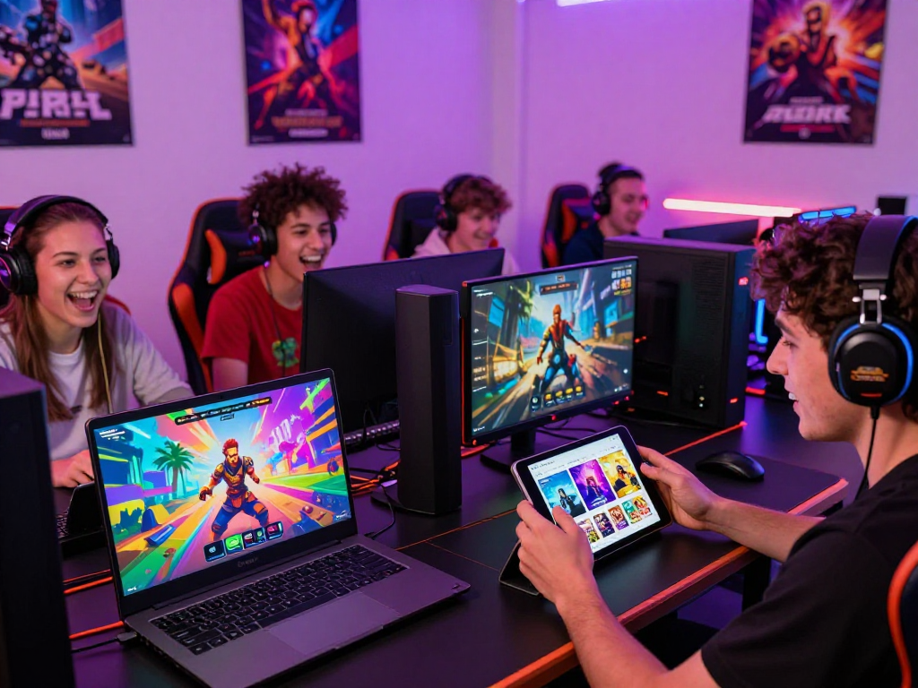 Interactive scene of players enjoying porn games on various devices, showcasing advanced gaming experience.
