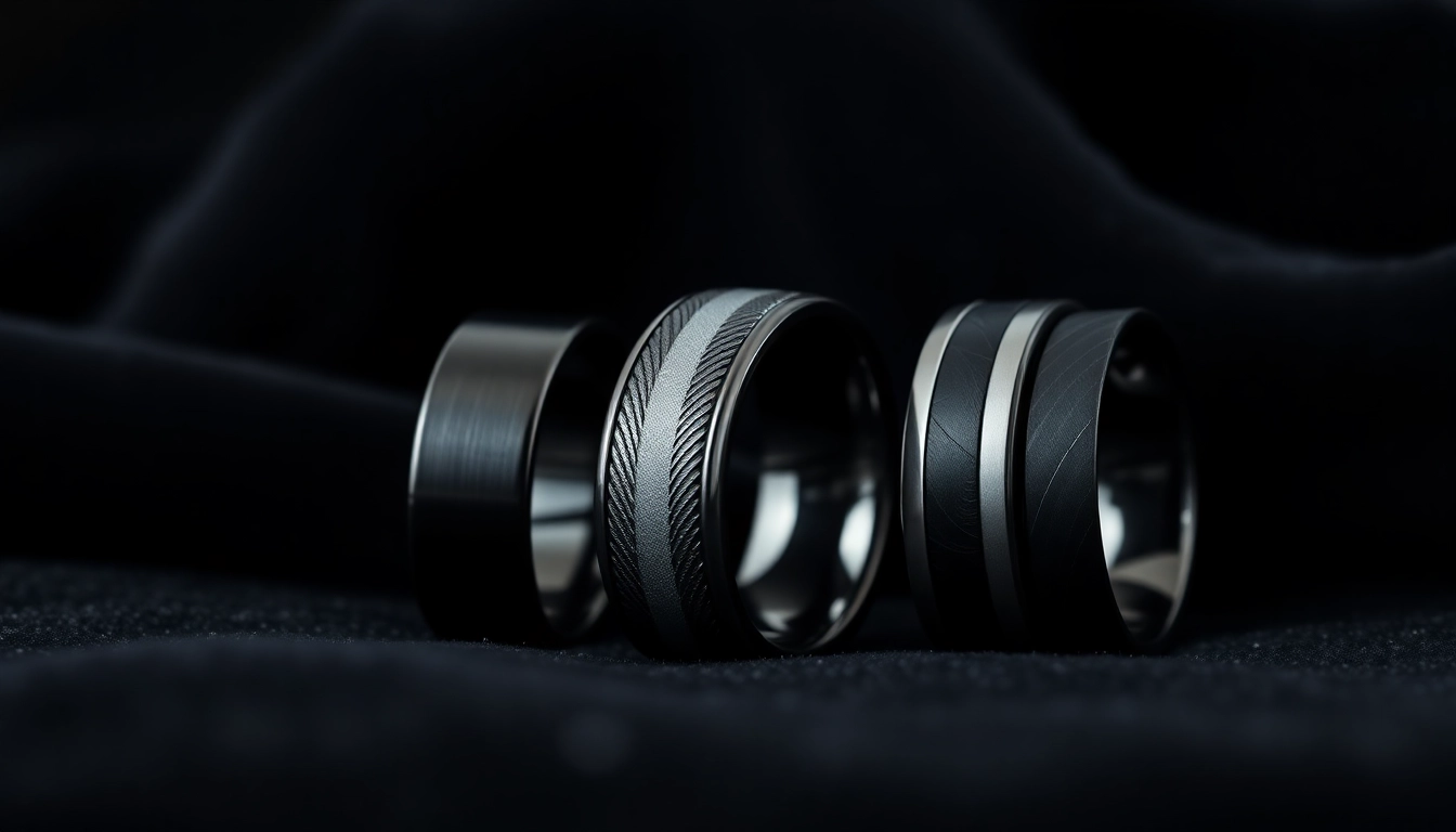 Showcase of dark mens wedding bands highlighting luxurious and modern designs.