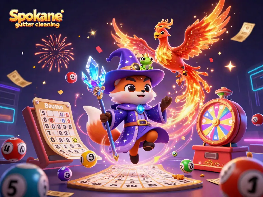 Engage in Spokane gutter cleaning with exciting lottery themes and magical characters in a festive scene.