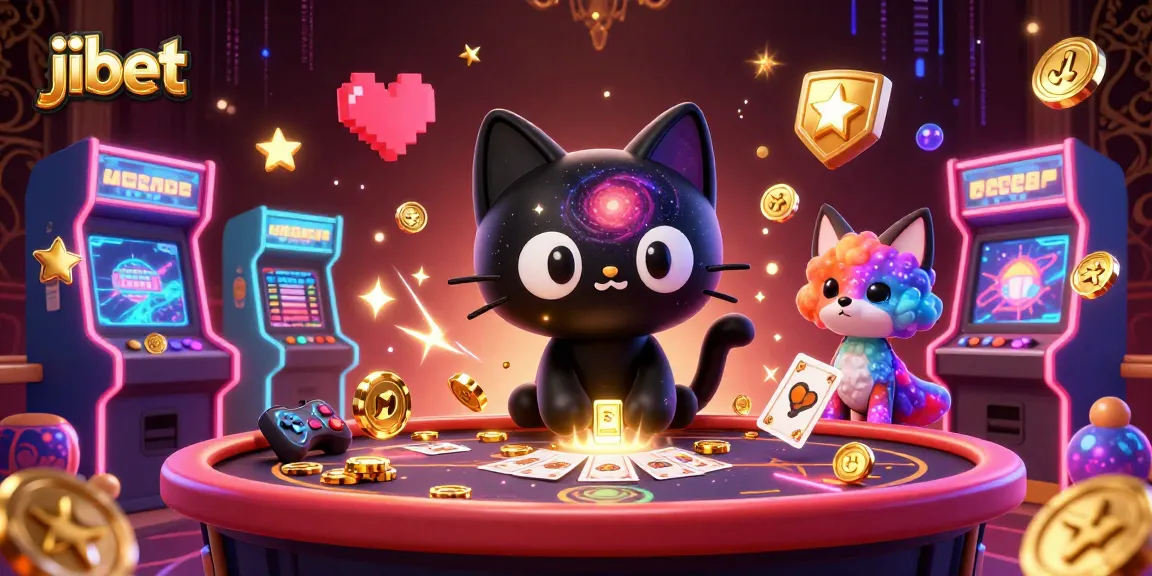 Engage in thrilling gaming at Jibet casino with a cosmic scene featuring cartoon characters and gaming elements.