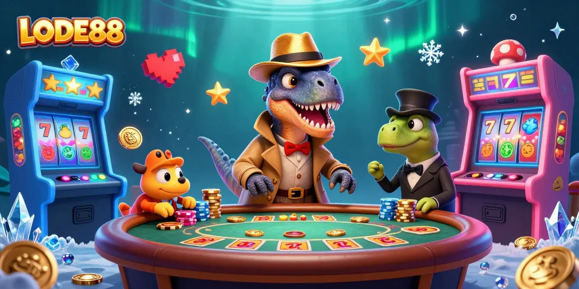 LODE88 showcases a dinosaur-themed casino scene with a velociraptor card counter among vibrant gaming elements.