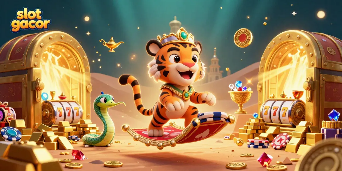 Spin to win with slot gacor as a tiger sultan rides a poker chip carpet, surrounded by treasures.