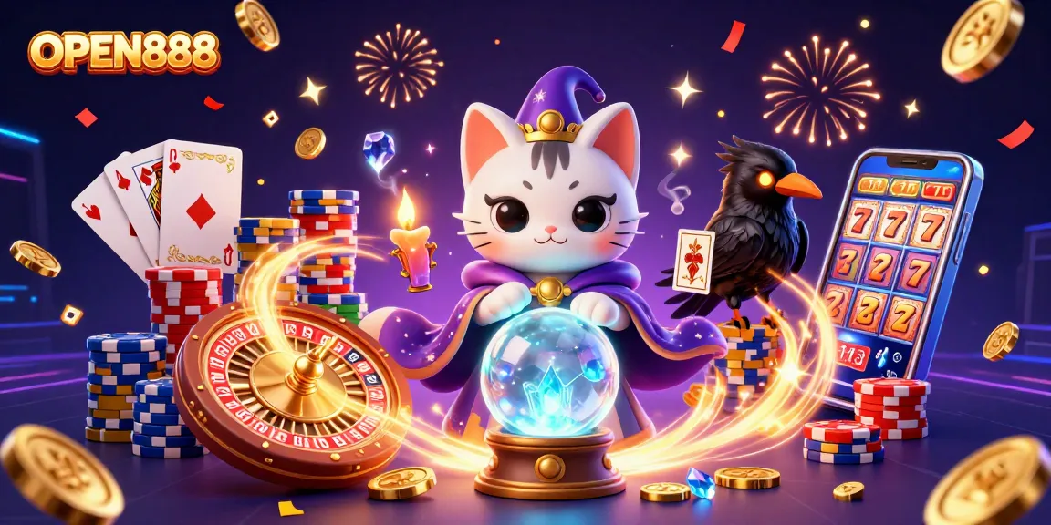 Play to win with OPEN888 in this vibrant casino illustration featuring a fortune teller cat and tarot-card raven.