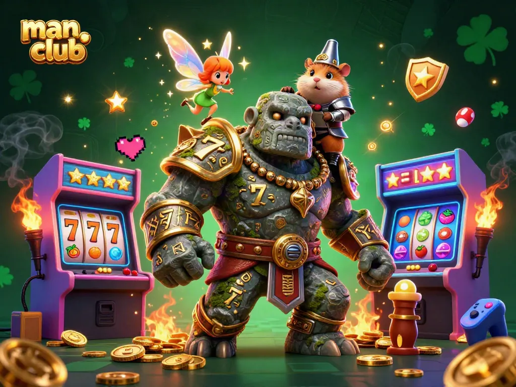 Engage in thrilling gameplay at man club with vibrant golem and fairy amidst colorful casino-themed elements.