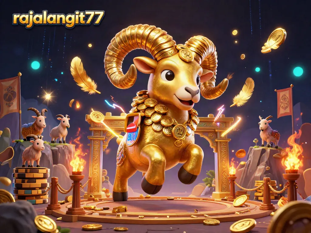 Gambarkan aksi seru di rajalangit77 dengan domba emas berlari ke gerbang sambil dikelilingi koin.