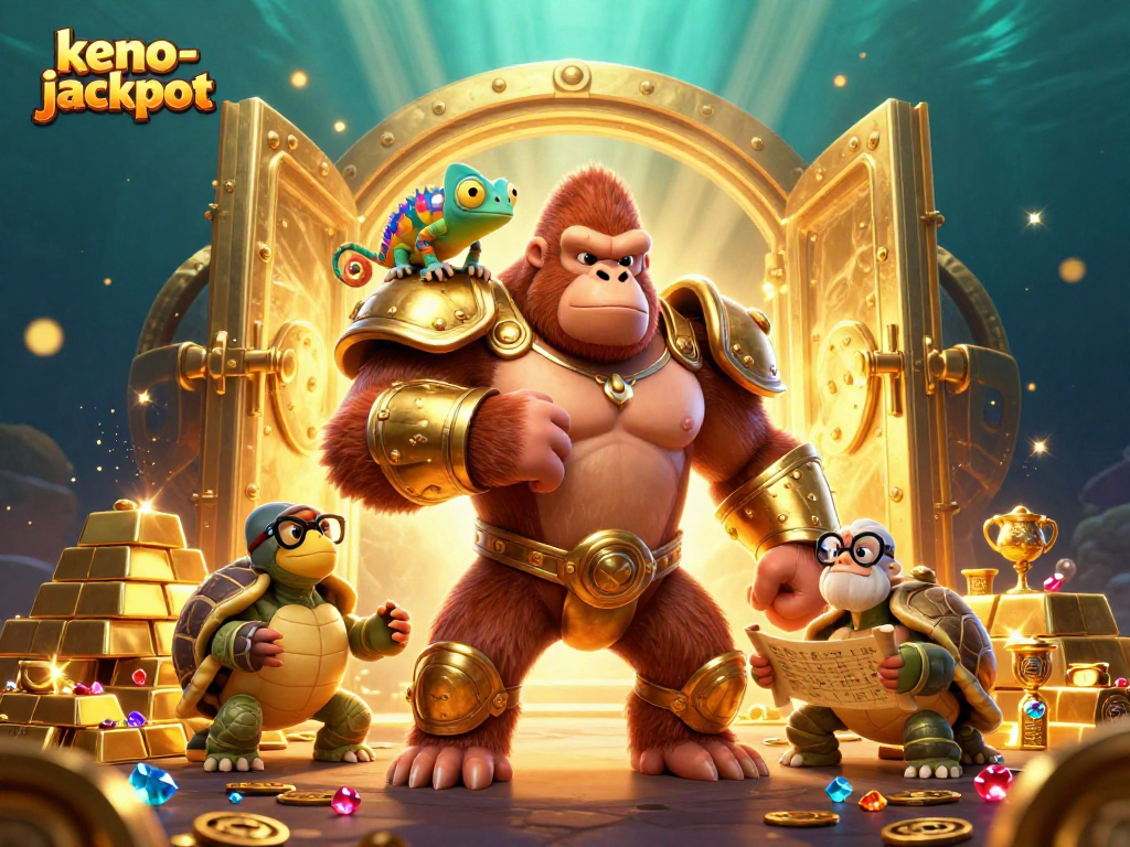 Engage with the thrilling keno-jackpot experience, featuring a mighty gorilla king, colorful chameleon, and wise tortoise amidst treasure.