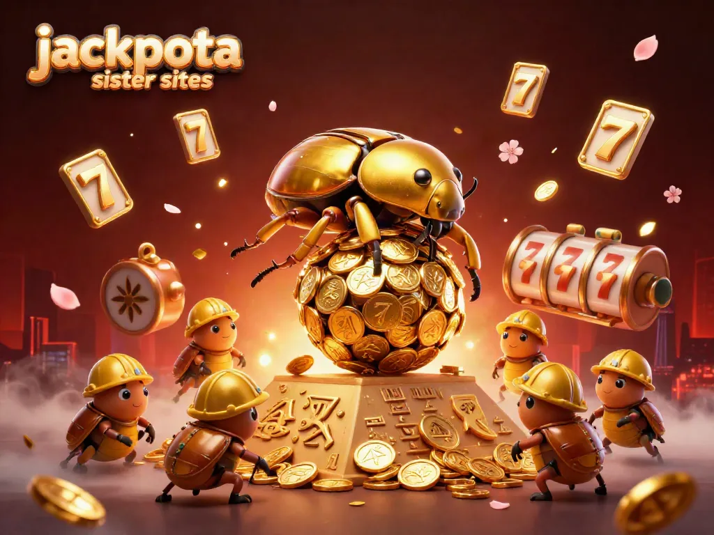 Engage with jackpota sister sites through this vibrant casino-themed illustration showcasing golden beetles and slots.