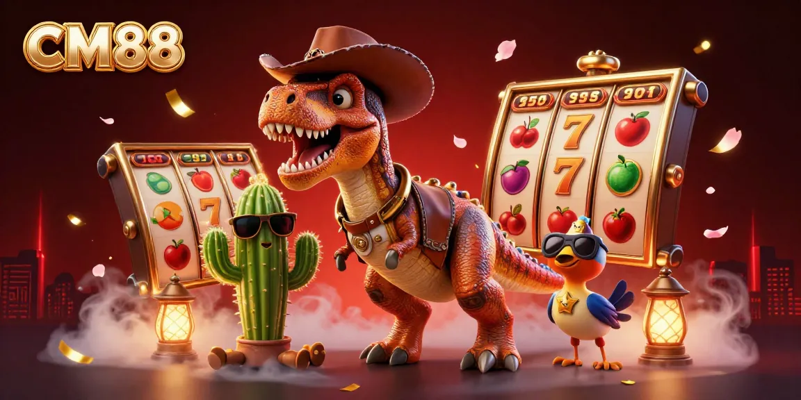 CM88 showcases a vibrant 3D scene featuring a T-Rex cowboy amidst dynamic casino elements and colorful decorations.