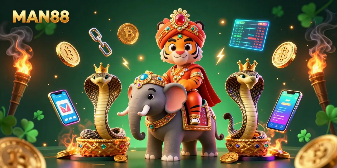 Experience MAN88's thrilling online betting with a spectacular scene of a maharaja tiger amidst crypto and casino elements.