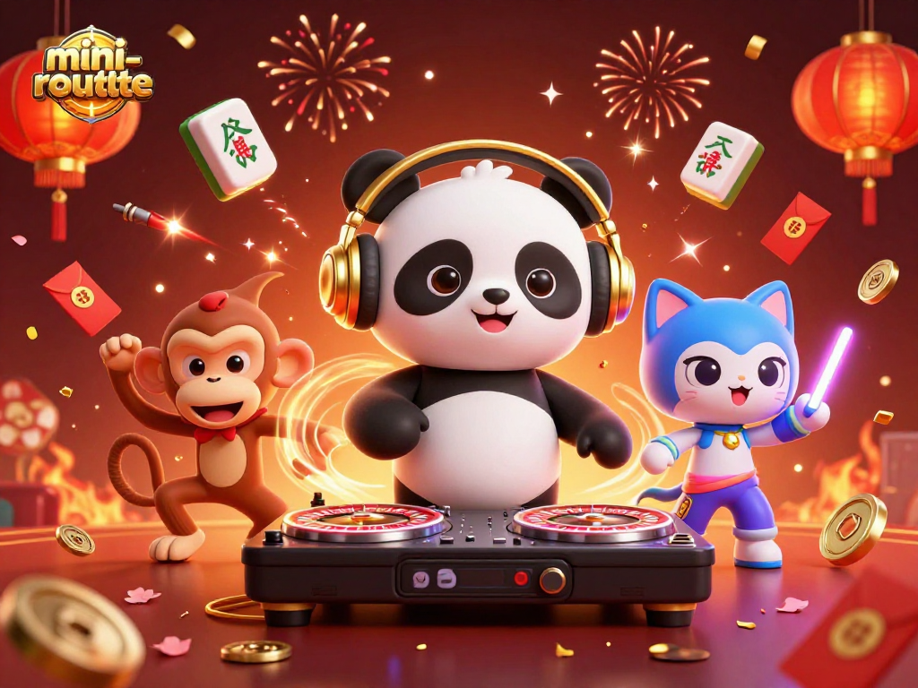 Experience the excitement of mini-roulette with a vibrant 3D scene featuring a DJ panda and lively characters.