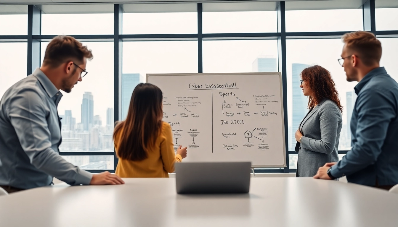 Analyze key differences between cyber essentials vs iso 27001 in a modern office setting.