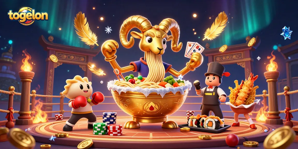 Togelon offers dynamic gaming with a 3D golden ramen bowl character dealing cards and surrounded by vibrant casino elements.