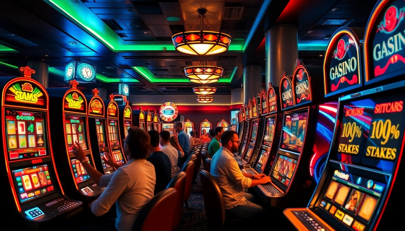 Slot Depo 5000 menampilkan mesin slot yang cemerlang dalam suasana kasino yang mewah.