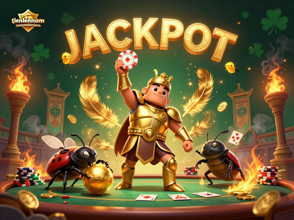 Win big with tienlenmiennam at the poker table featuring the heroic beetle duo and jackpot celebration.