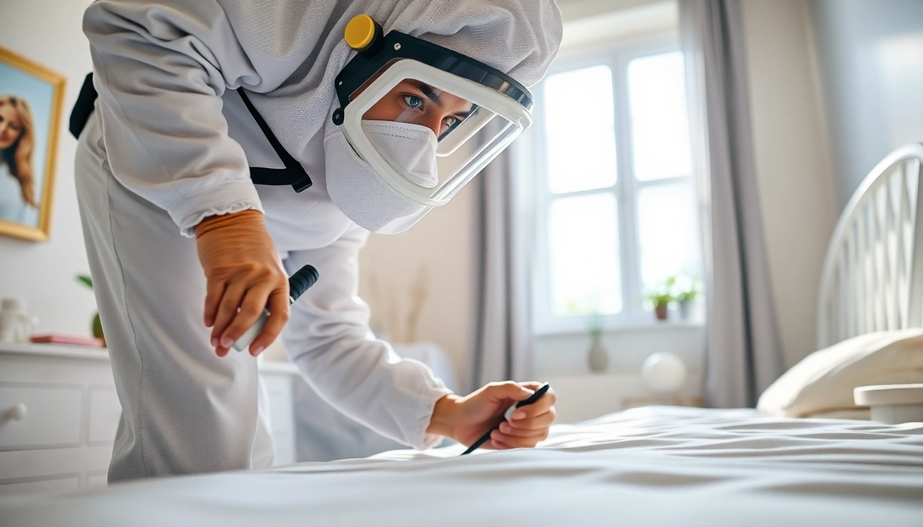 Bed bug exterminators applying treatment in a professional setting.