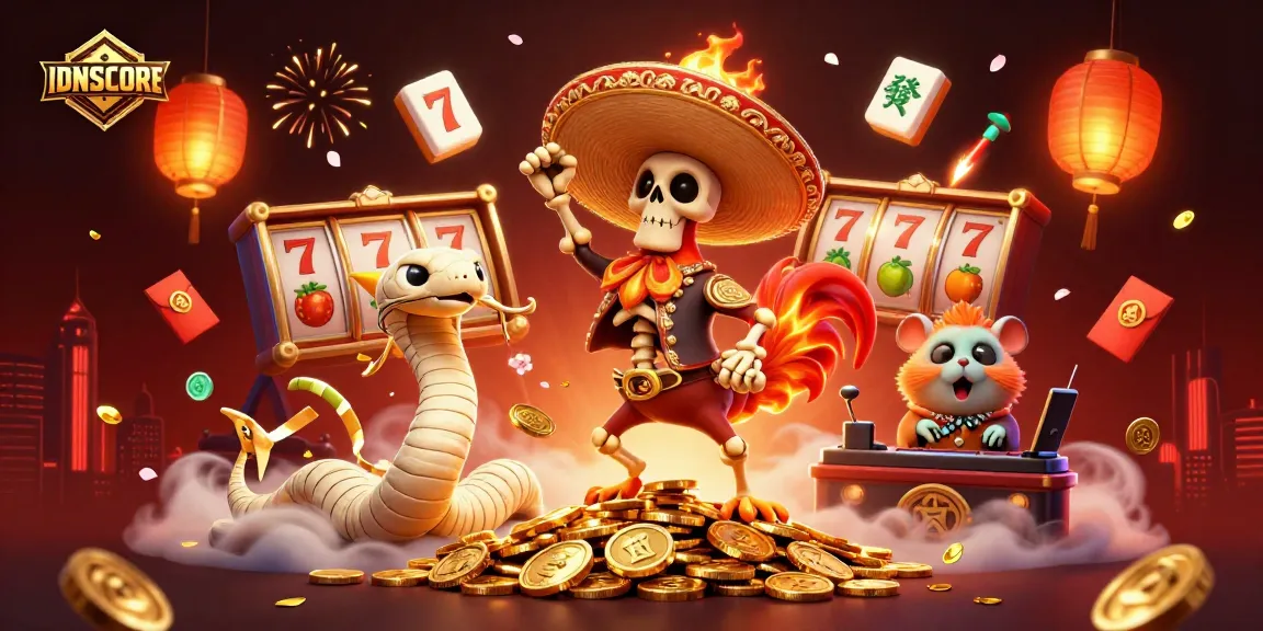 Experience the excitement at IDNSCORE with a vibrant gaming scene featuring mystical characters celebrating surrounded by dynamic casino elements.