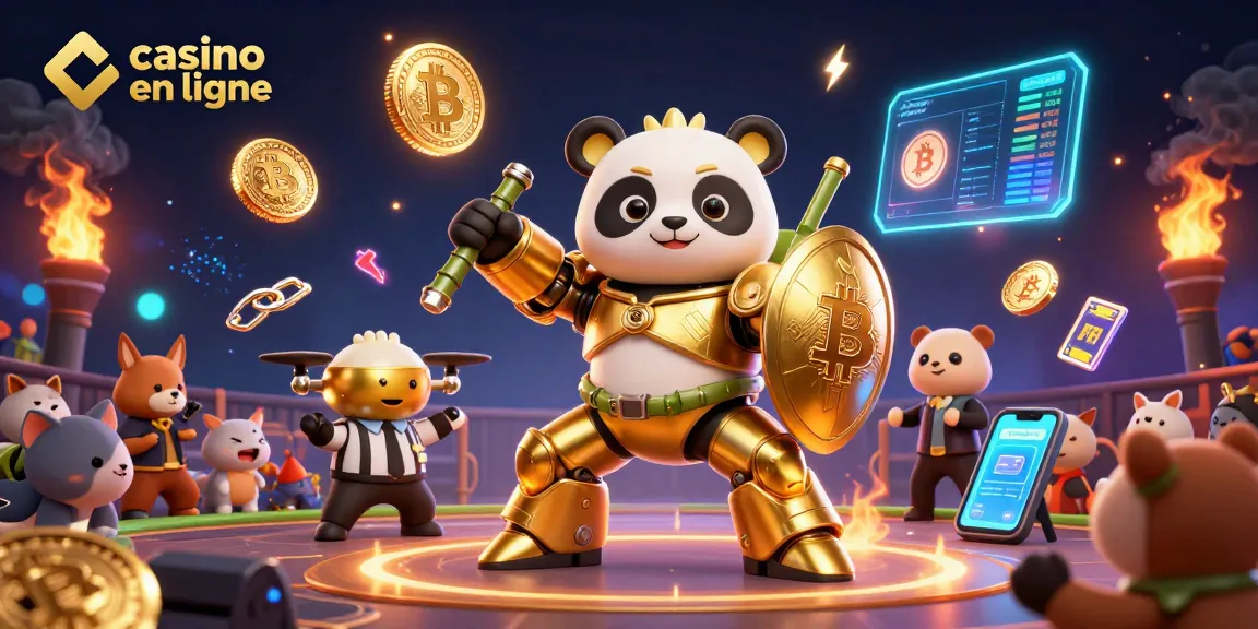 Jouer au casino en ligne avec un panda doré dans un robot, entouré de pièces de crypto-monnaie