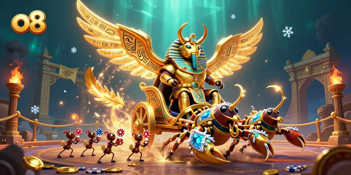 Experience thrilling wins at o8 with a dynamic 3D illustration of golden scarabs and poker chips.