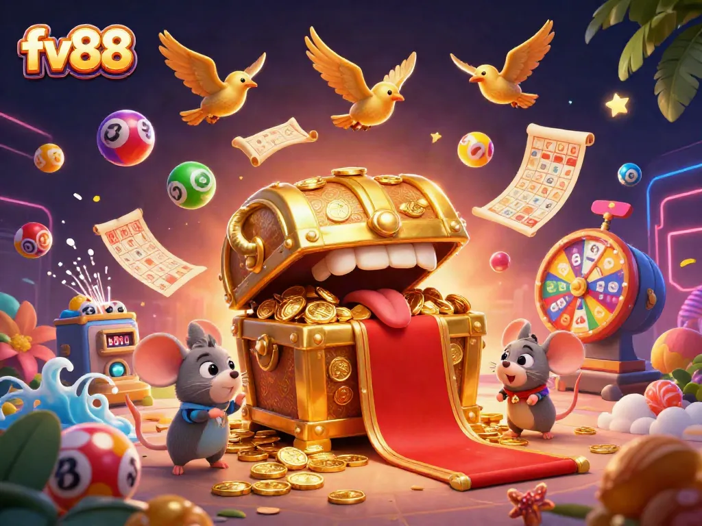 Experience excitement at fv88 with a vibrant 3D casino scene filled with rich treasures and games.