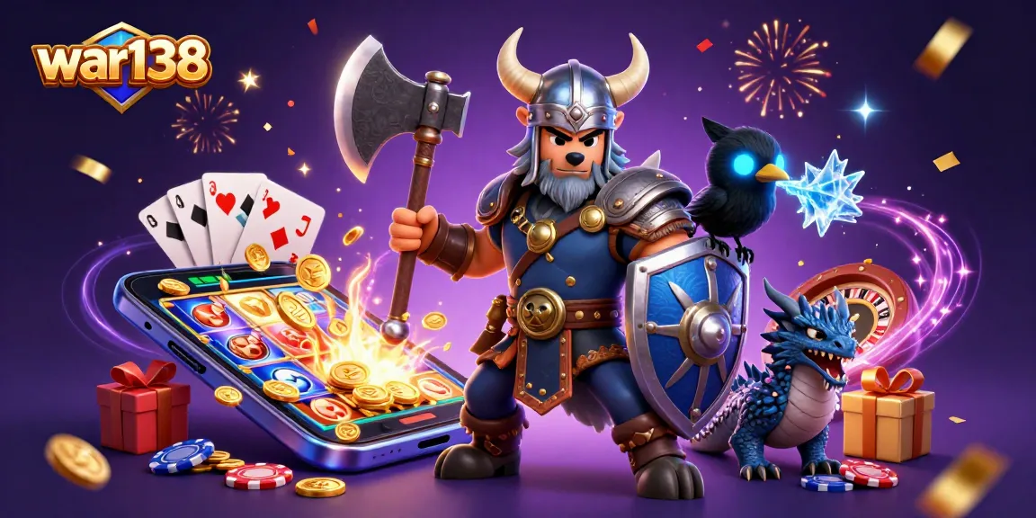 Experience exciting slot games at war138 with a Viking warrior and dragon in a vibrant 3D scene.