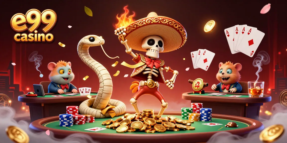 Experience the vibrant atmosphere of e99 casino with dynamic characters celebrating amidst casino elements.