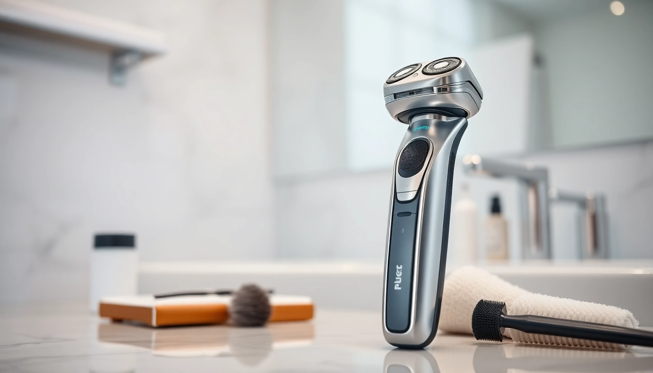 Laifentech electric shaver displayed in a stylish bathroom, highlighting its sleek features.