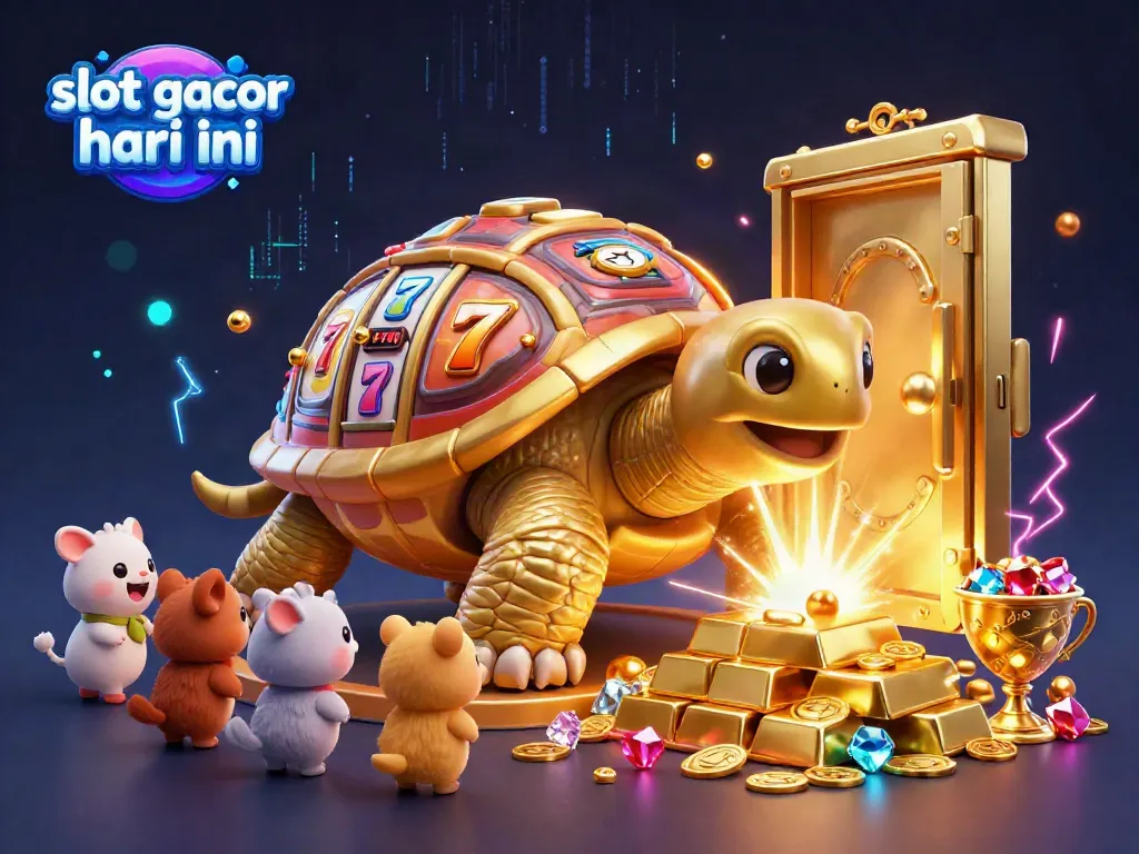 Experience the excitement of slot gacor hari ini with this vibrant, animated golden tortoise slot machine scene.