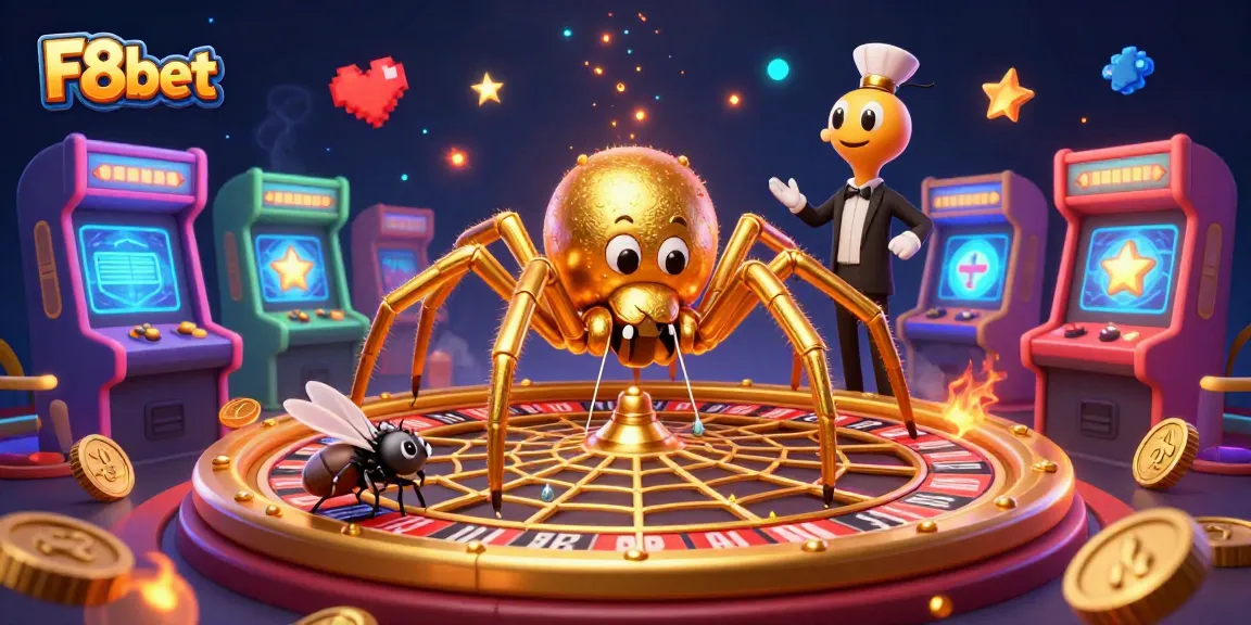 Engage with F8bet as a golden spider weaves a roulette web in a vibrant casino scene.