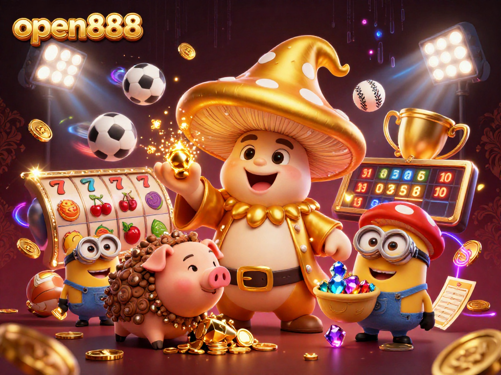 Spin to win with open888 featuring a golden wizard, treasure, and dynamic slot game elements.