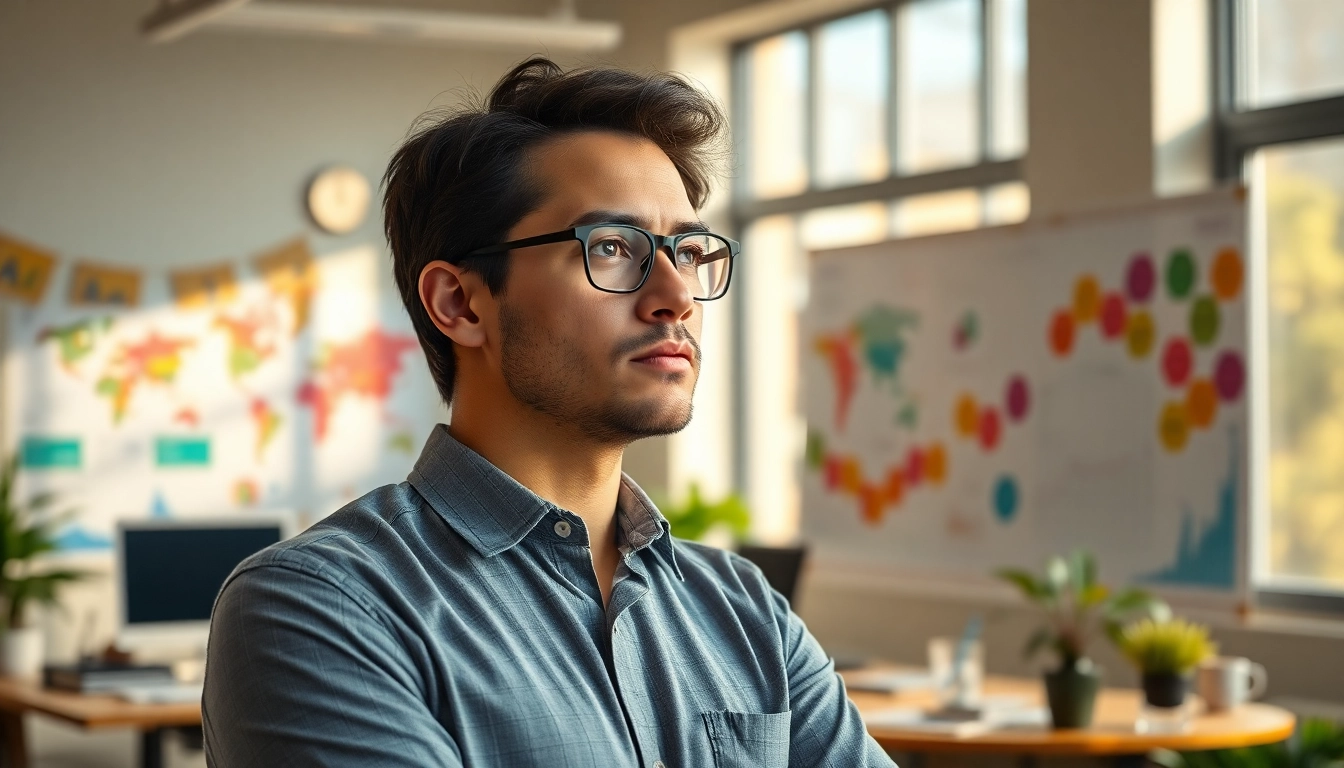 Reflective professional contemplating their Ideal Career amidst career maps and charts.