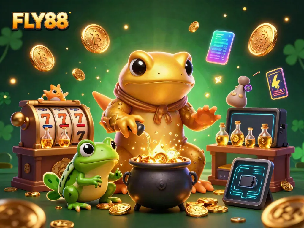 Experience the magic of FLY88 with a golden salamander alchemist, frog apprentice, and vibrant casino elements.