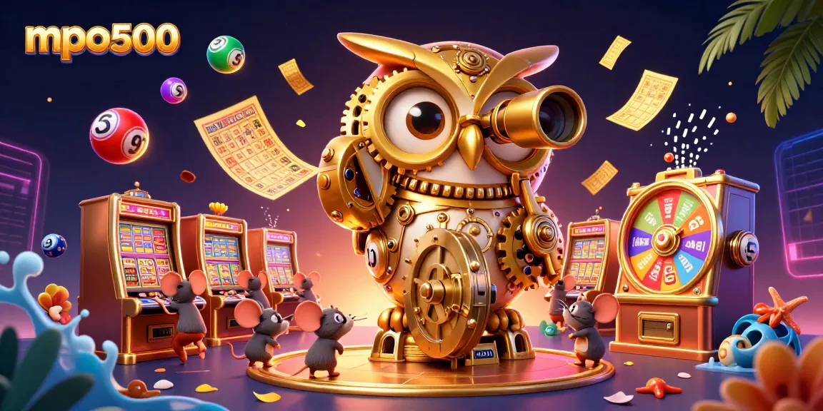 Engage with mpo500 in an exciting casino scene featuring a golden owl, vibrant lottery elements, and immersive gaming action.