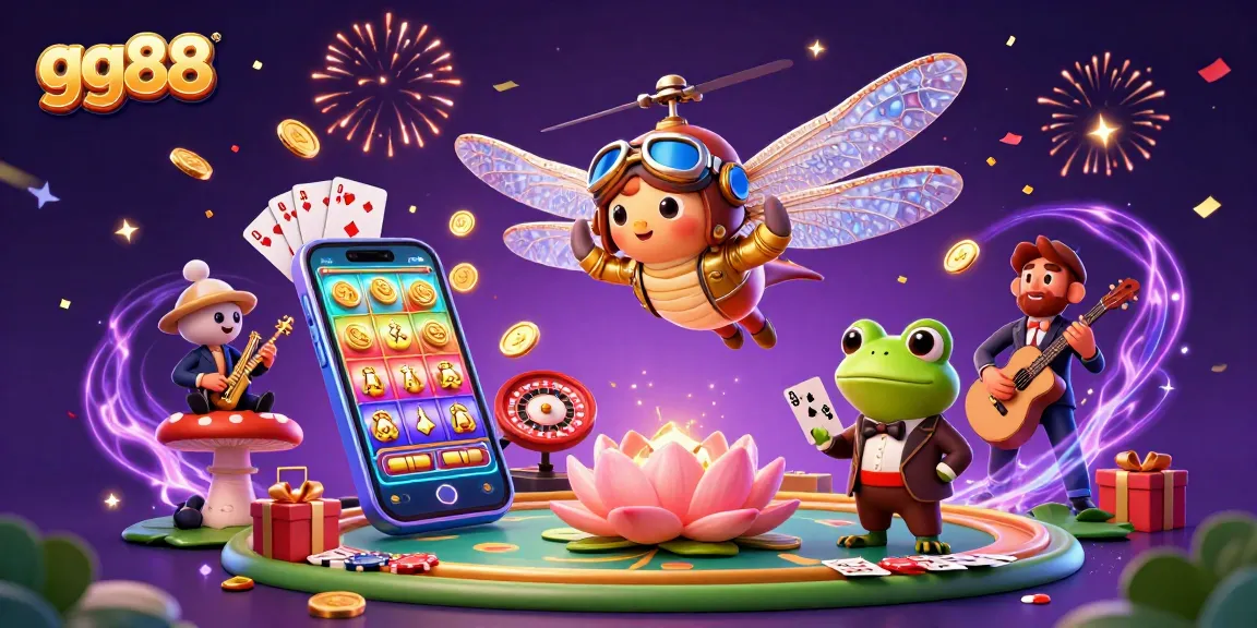 Experience gg88 casino magic with a dragonfly pilot and frog dealer in a vibrant 3D scene.