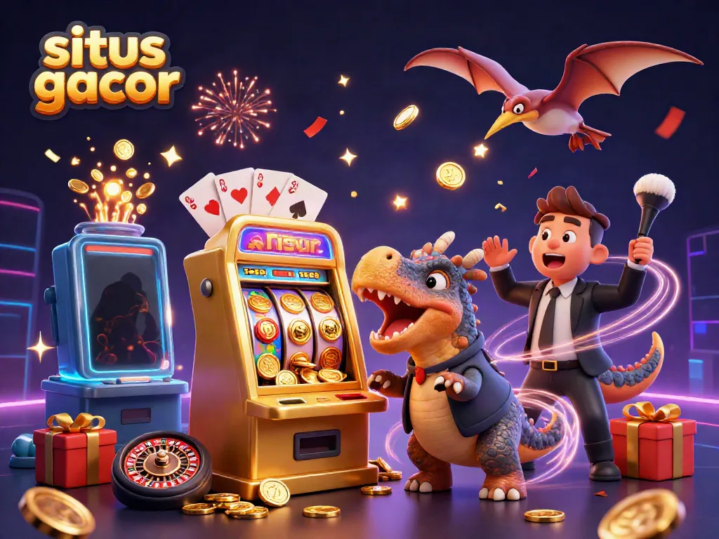 Witness situs gacor action as a dinosaur wins jackpots, coins flying amidst vibrant gaming elements.