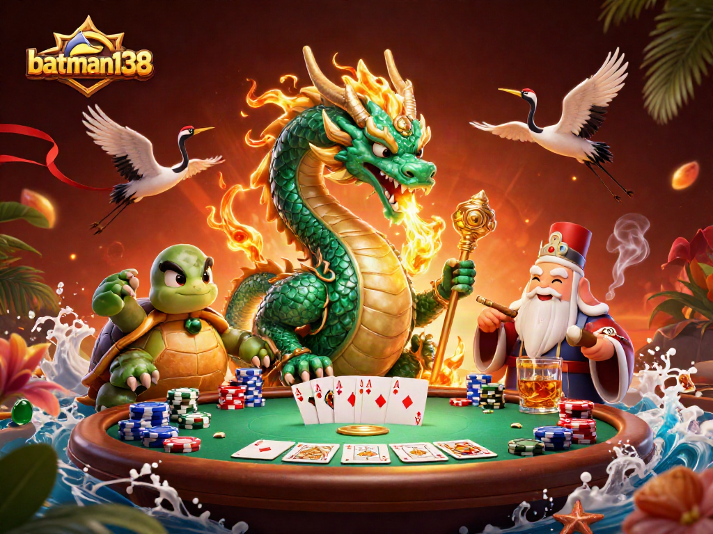 Engage with batman138's dynamic poker scene featuring a jade dragon and vibrant casino elements.