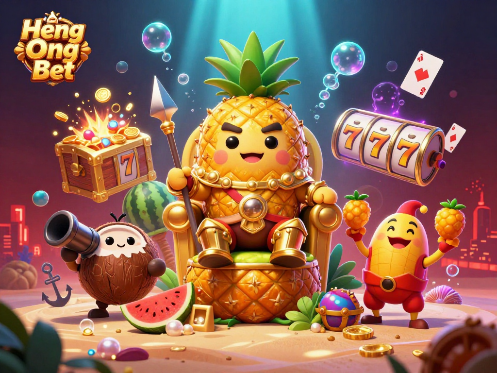 Engage with Heng Ong Bet as a vibrant casino scene unfolds with a pineapple king and treasure!