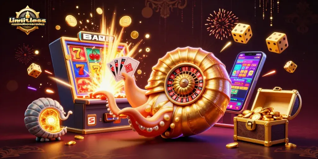 Play win with limitlesscasinobonuscodes, featuring a dynamic casino scene full of excitement.