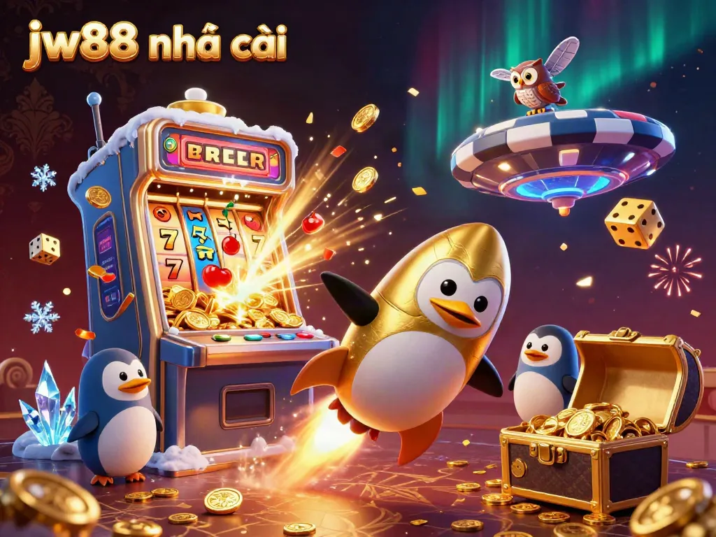 Experience the excitement of jw88 nhà cái with a vibrant 3D casino-themed illustration featuring a golden penguin and dynamic gaming elements.