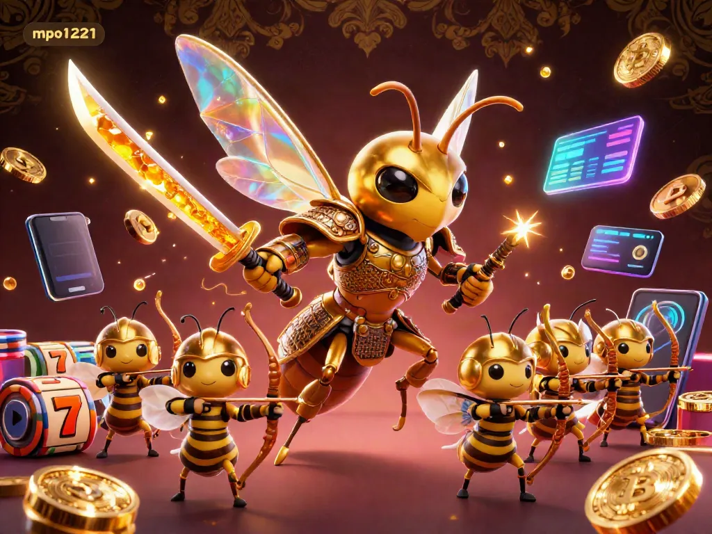 Capture exciting gameplay with mpo1221 using a vibrant illustration of action-packed slot games and glowing crypto coins.
